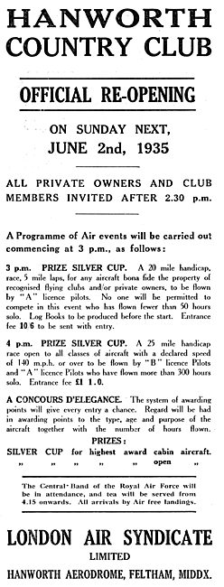 Hanworth Country Club - Official Re-Opening June 2nd 1935        