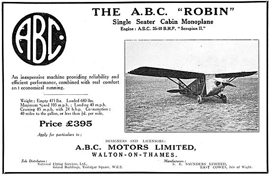 ABC Robin Single Seater Cabin Monoplane 1929 Advert              