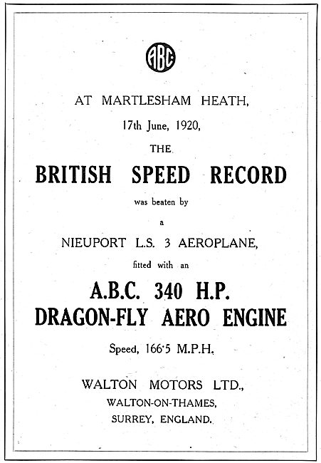 Nieuport With ABC Dragonfly Engine Breaks British Speed Record   