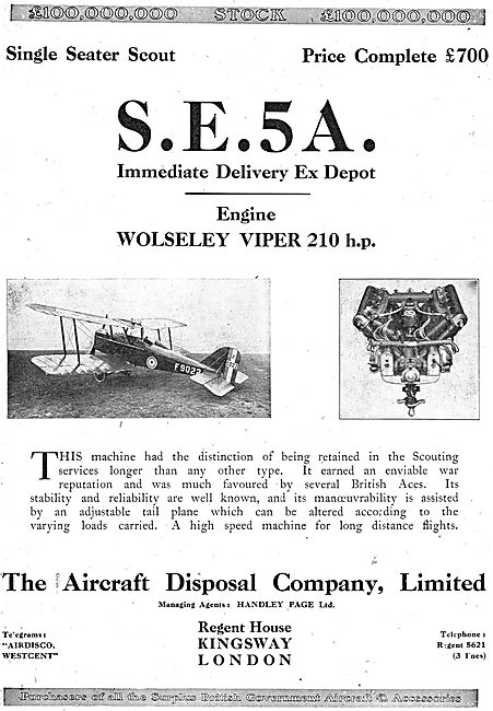 Aircraft Disposal Co Have Ex depot S.E.5A  Aircraft In Stock     