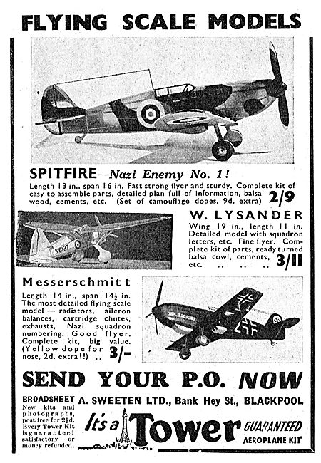 A.Sweeten: Tower Flying Model Aircraft. Lysander. Messerschmitt  