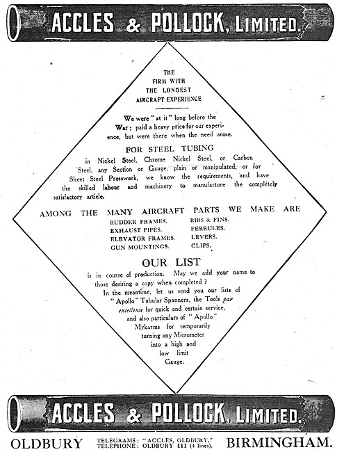 Accles & Pollock Steel Tubing For Aircraft Construction 1917     