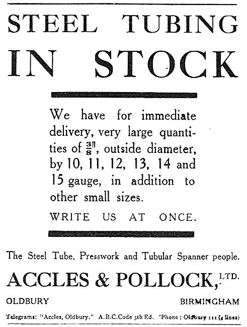 Accles & Pollock Steel Tubing For Aircraft Construction          