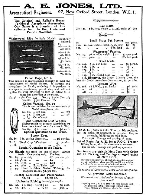 A E Jones Ltd. Aeronautical Engineers. Oxford St. Model Aircraft 