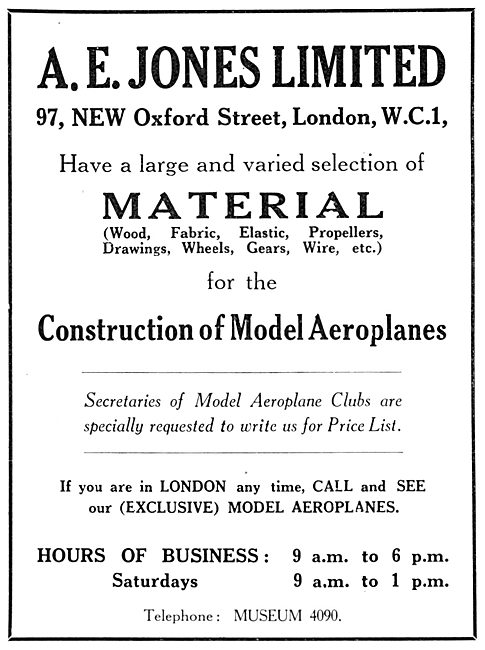 A.E.Jones - Model Aircraft Supplies & Accessories 1929           