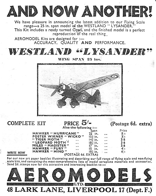 Aeromodels Westland Lysander  Model Aircraft                     