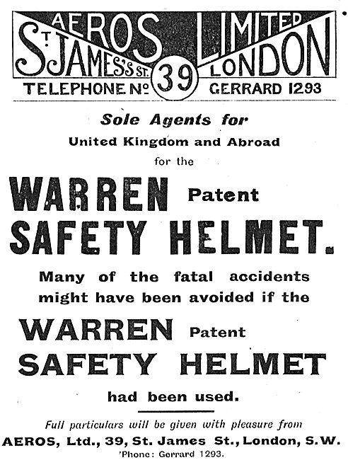 Aeros Ltd Are Sole Agents For The Warren Patent Safety Helmet    