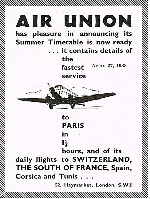 Air Union 1933 Summer Timetable                                  