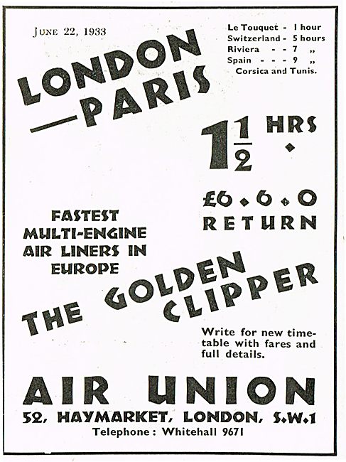 London Paris in 11/2 Hours With Air Union Golden Clipper         