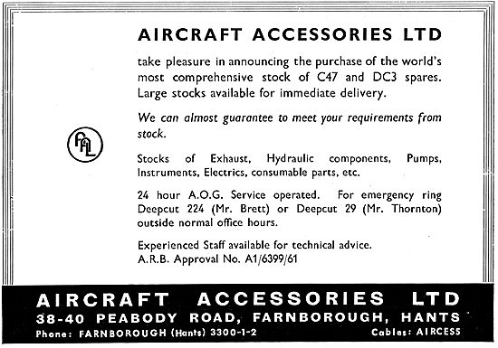 Aircraft Accessories Ltd, Farnborough. C47 & DC3 Spares          