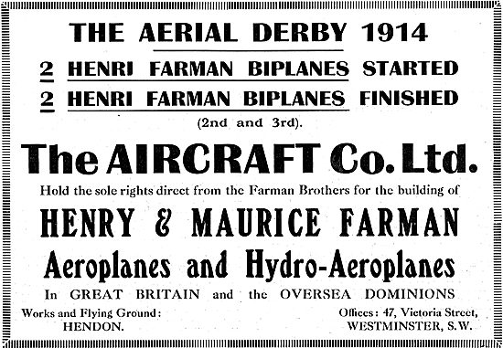 Aircraft Co Built Farmans Performance  Aerial Derby 1914         