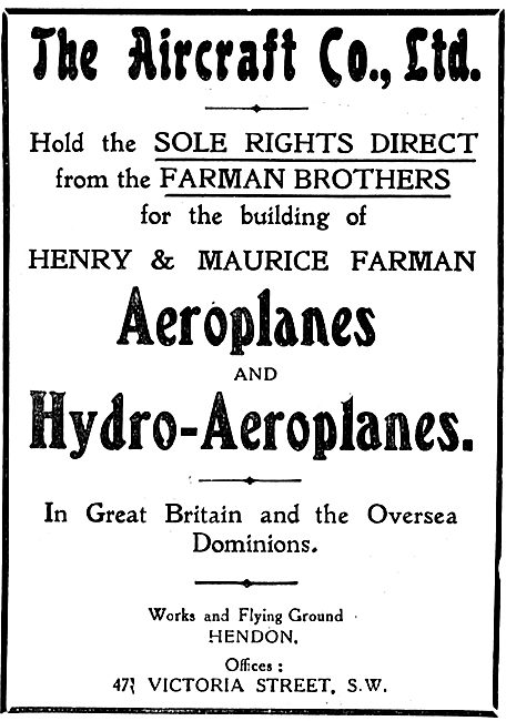 The Aircraft Company For Maurice & Henry Farman Aeroplanes       