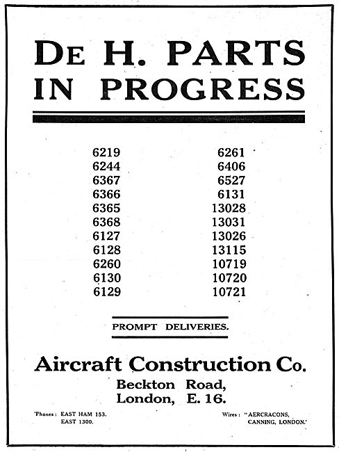 The Aircraft Construction Co - De Havilland Parts                