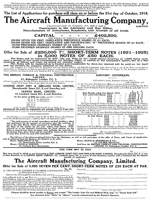 The Aircraft Manufacturing Co Hendon. Prospectus Airco           