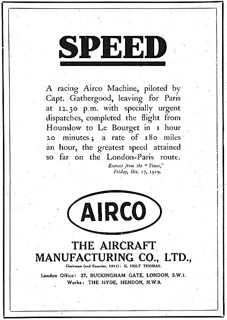 The Aircraft Manufacturing Co. AIRCO  Hendon. G.Holt Thomas      