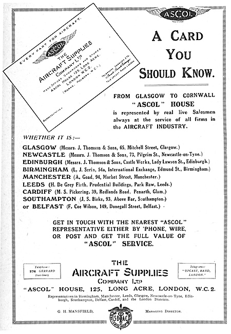 The Aircraft Supplies Company ASCOL 1918 Advert                  