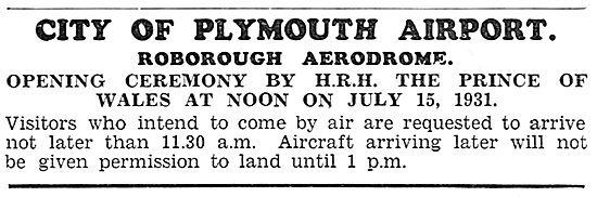 City Of Plymouth Airport. Roborough Aerodrome 1931               