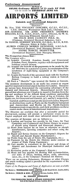 Airports Ltd - Shares Issue  Gatwick,London South/East, Gravesend