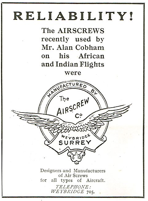 Airscrew  Co Propellers Used On Cobham's African Flight          