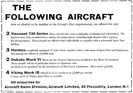 Airwork Offer For Sale: Viscount 736, Hermes, Dakota Mk VI Viking