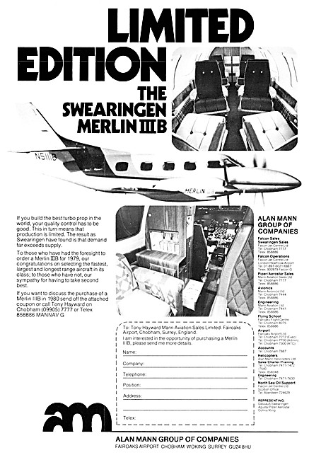 Alan Mann Aircraft Sales. Swearingen Merlin IIIB                 