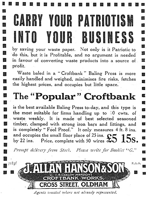 J.Allan Hanson Croftbank Baling Press. Cross St, Oldham.         