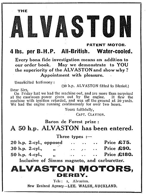 Alvaston Aeroplane Motors - 4lbs Per BHP Water Cooled            