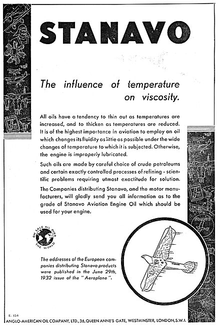 Anglo-American Oil Co - Stanavo  Aircraft Fuels & Oils 1932      