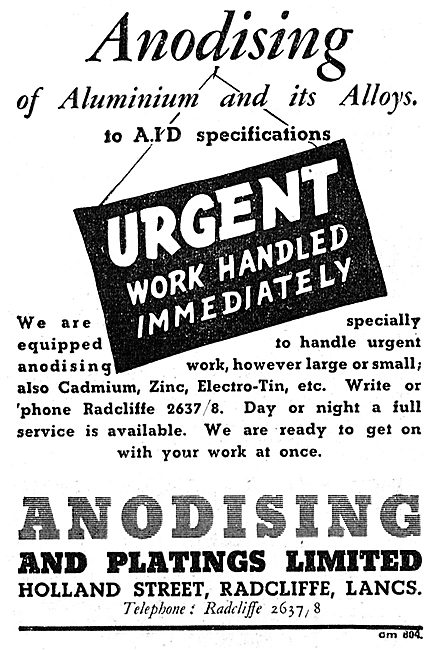 Anodising & Platings Ltd. Holland St, Radcliffe Lancs 1943 Advert