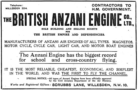 Anzani Aero Engines - Air Ministry Approved                      