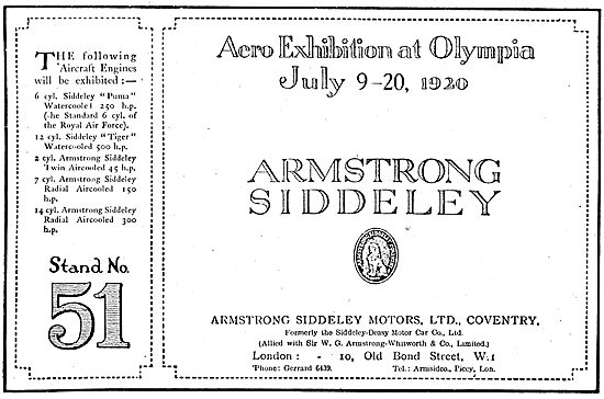 Armstrong Siddeley  Aero Engines At Olympia July 1920            