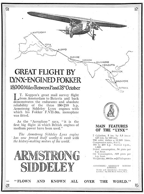 Armstrong Siddeley Lynx  Aero Engine On 18,000 Mile Fokker Flight