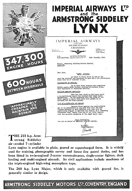 Imperial Airways Endorse Armstrong Siddeley Lynx Aero Engine     