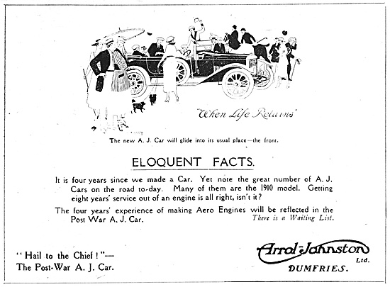 Arrol Johnston Motor Cars. Dumfries 1918 Advert                  