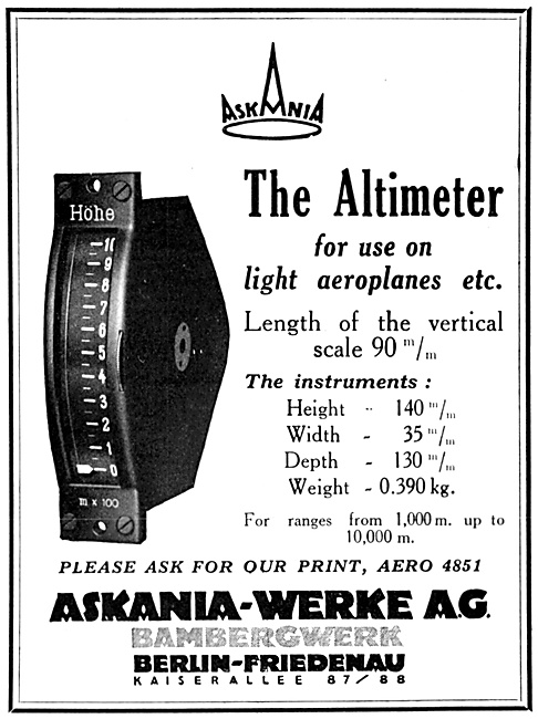 Askania Flight Instruments Altimeter 1929                        