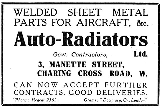 Auto-Radiators Ltd. Aeroplane Petrol, Oil & Water Tanks          