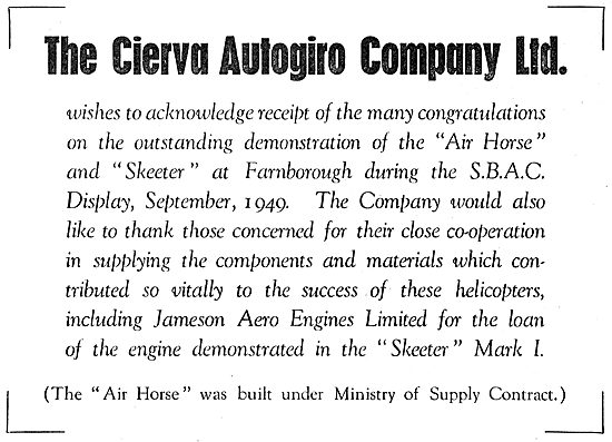 Cierva Autogiro -  SBAC 1949. Skeeter - Air Horse. Jameson Engine