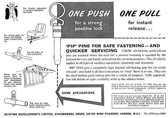 Aviation Developments. Pip-Pins, Avlok Nuts, Eyelets, Jo-Bolts   