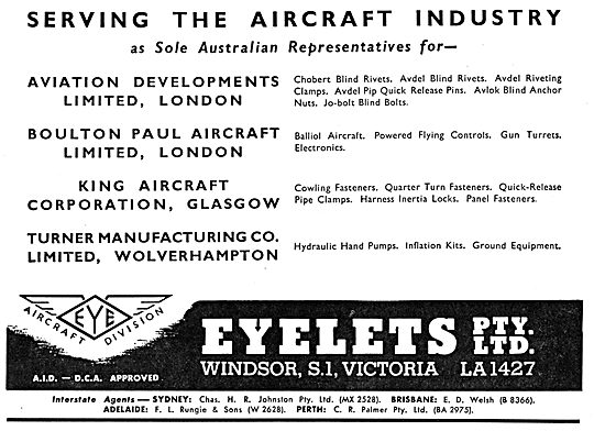 Aviation Developments. Pip-Pins, Avlok Nuts, Eyelets, Jo-Bolts   