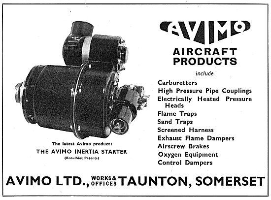 Avimo Aircraft Products: Carburetters, Couplings, Flame Traps.   