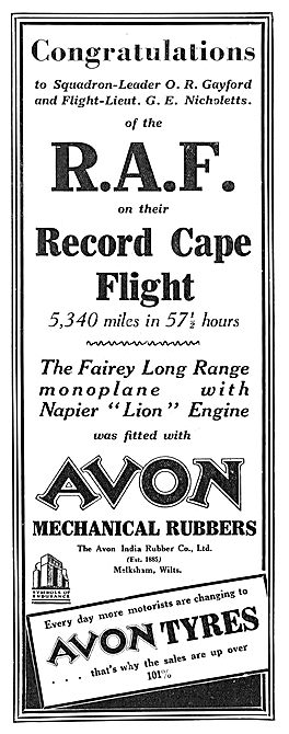 Record Cape Flight Fitted With Avon Mrchanical Rubbers           