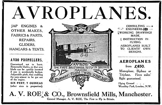 Avroplanes. A.V.Roe & Co Brownsfield Mills Manchester            