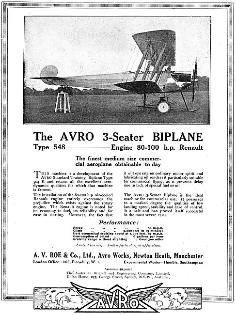 The Avro 3-Seater Biplane. Medium Size Commercial Aeroplane      