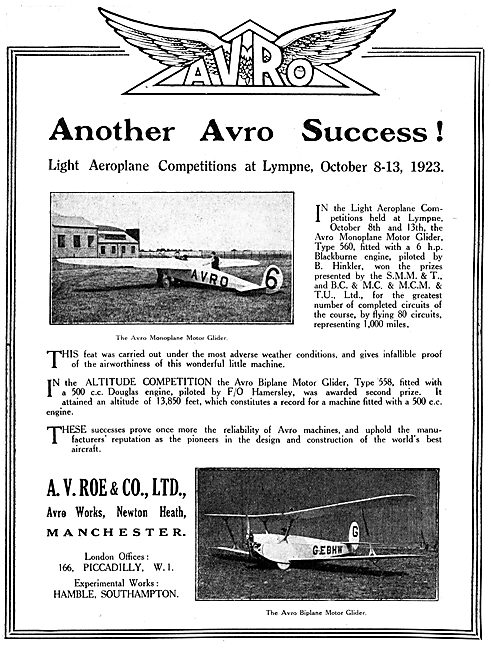 Avro Motor Gliders. Lympne 1923. Avro Biplane Motor Glider       