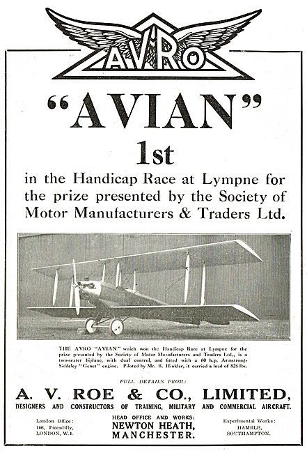 Avro Avian - 1st In Handicap Race At Lympne                      