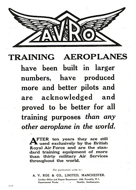 Avro Training Aeroplanes Used By Over 30 Military Air Services.  