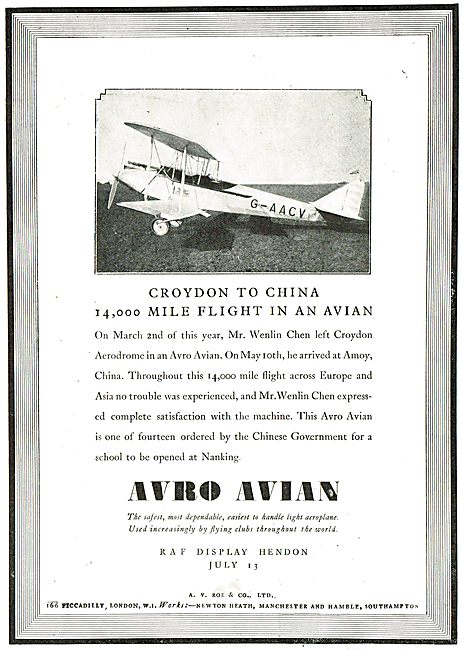 Avro Avian Flies Croydon To China                                