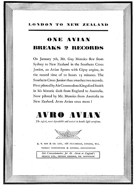 Avro Avian - London - New Zealand Records. Southern Cross Junior 