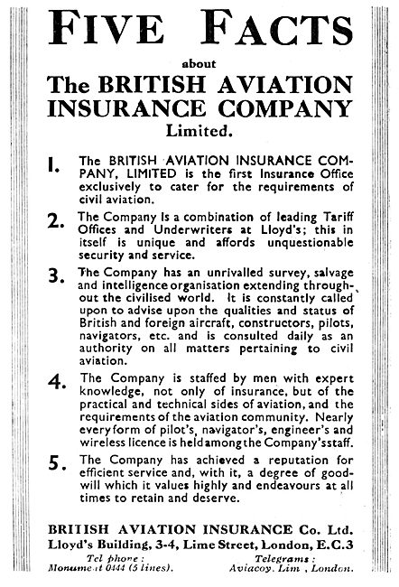 British Aviation Insurance Company 1933                          