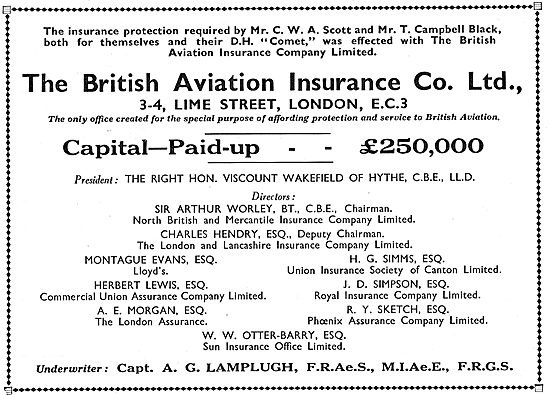 British Aviation Insurance Co Insured C.W.A.Scott Comet          